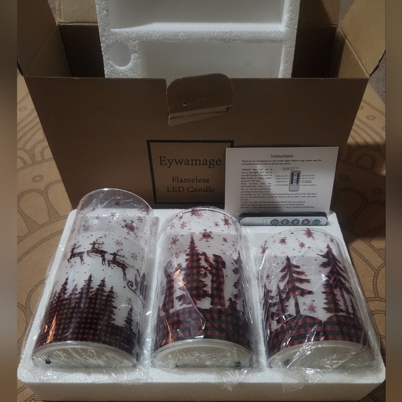 Christmas Red Buffalo Plaid Glass Flameless LED Candles W Remote Eywamage Set - Picture 2 of 12